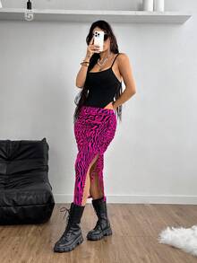 SHEIN EZwear 女性夏季半腿裙，整體打褶設計，綁繩開叉設計，採用印花布料 - 玫紅色 - 查看 6