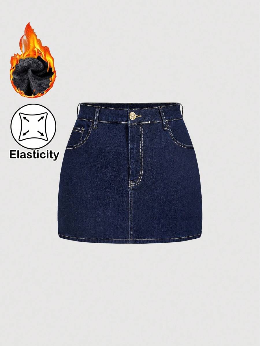 SHEIN MOD Fustă din denim elastic pentru femei plus size, fustă din denim cu căptușeală termică pentru toamnă/iarnă, fustă din denim îngroșată din fleece, fustă mini din denim închis la culoare, cu buzunare și cusături contrastante, pentru casual, versatilă, fustă din denim A-line, mărime plus, cu design cu talie înaltă și material durabil, perfectă pentru purtare de zi cu zi, iarna pentru femei, fustă de iarnă pentru ieșiri în oraș, fustă elegantă din denim - Spălare întunecată - Vizualizare 1