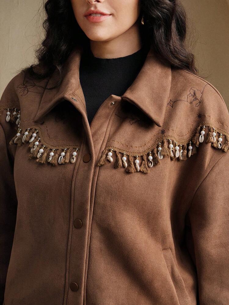 Plus Size Women Elegant Chic Embroidered Fringe Patchwork Jacket, Suitable For Autumn, Winter, New Year, Casual, Christmas, Luxury