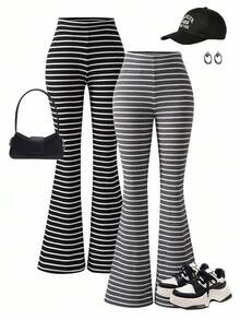 Pantalones de punto a rayas negras y blancas casuales para adolescentes - Blanco y Negro - Ver 1