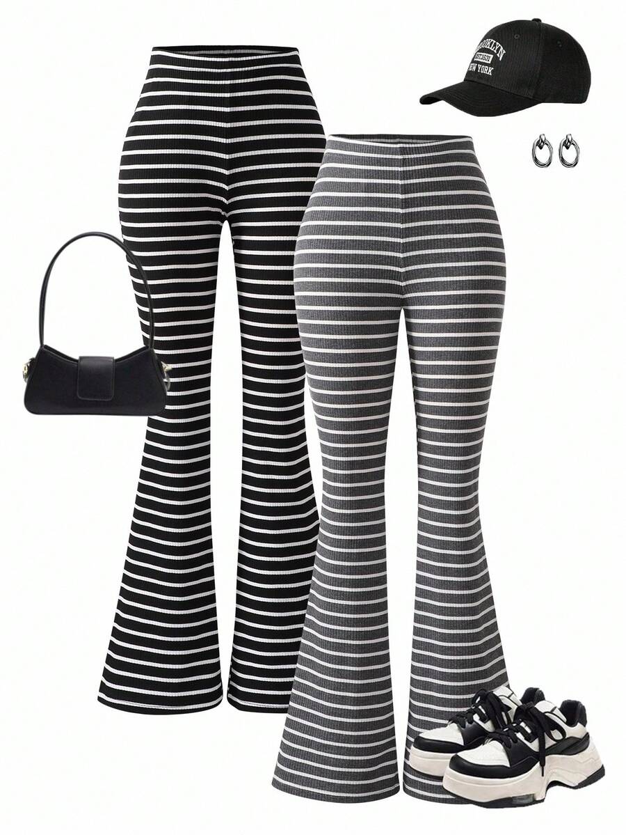 Pantalones de punto a rayas negras y blancas casuales para adolescentes - Blanco y Negro - Ver 1