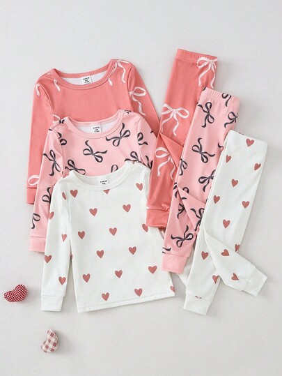 6pcs/Set Baby Girls' Casual Solid Color Round Neck Long Sleeve Top With Butterfly & Heart Print, Matching Leggings Homewear Set