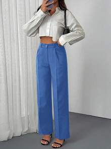 SHEIN 经典系带细节裤，高腰设计，前褶设计，商务正装，直筒剪裁，职业装，修身剪裁，办公室时尚，正式裤装，时尚休闲，线条简洁，传统风格，工作衣橱必备，优质面料，精致外观，公司服装，现代廓形，商务专业 - 藍色 - 查看 6