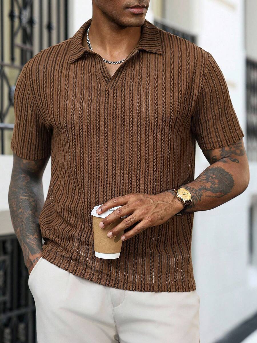 Manfinity Homme Men's Casual Solid Color Textured Fabric V-Neck Short Sleeve Polo Shirt, Summer Striped Men Casual Men Knitted Button Up Dark Brown Shirt