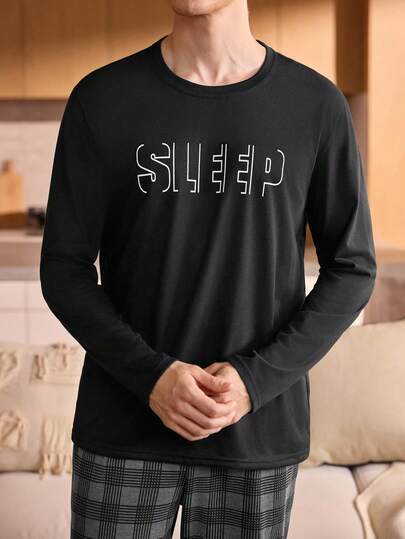 Manfinity Underwear&Sleepwear Basics Black Long Sleeve "SLEEP" Graphic Soft & Comfortable Men's Sleepwear Top, For Fall, Winter