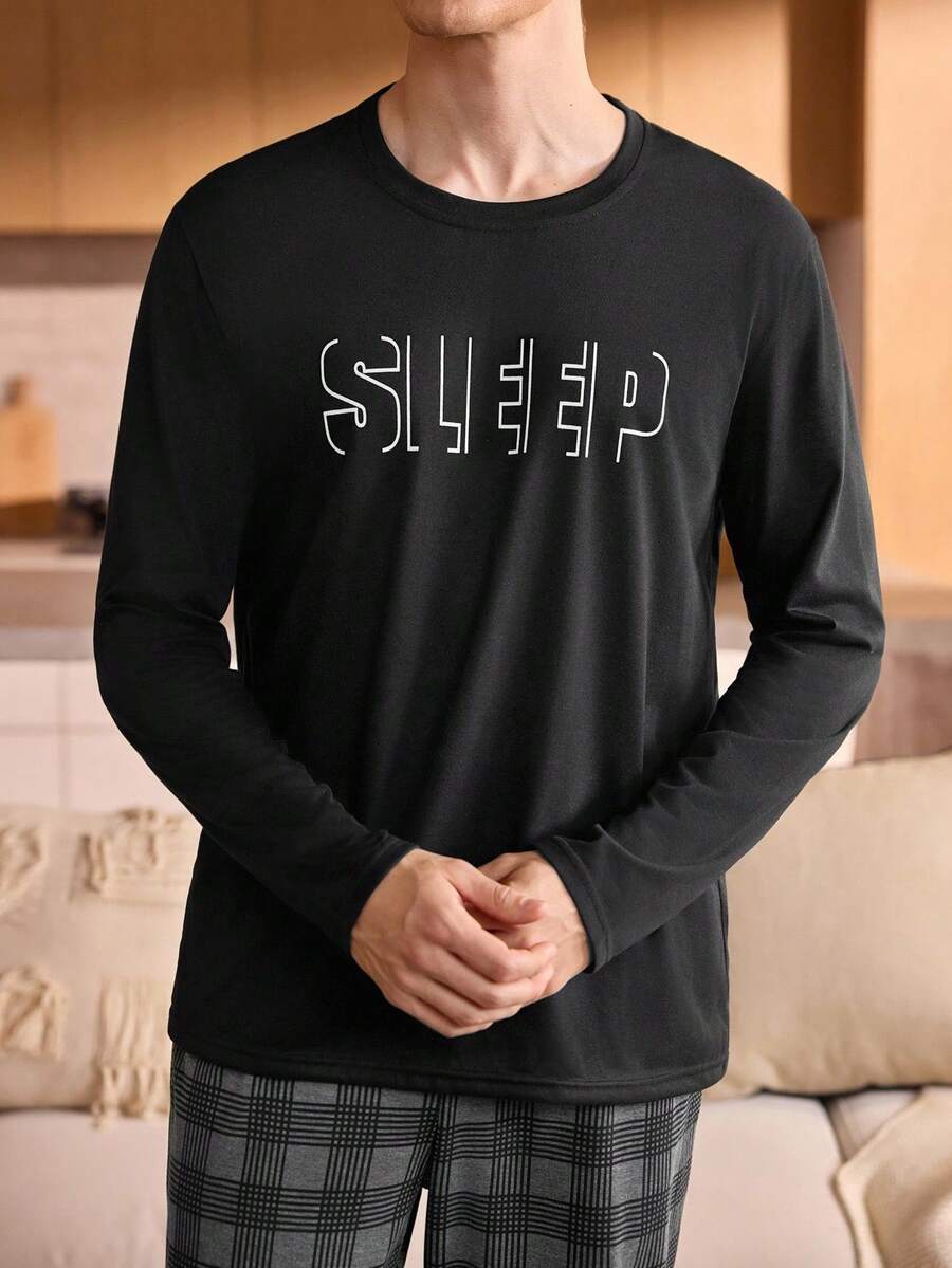 Manfinity Underwear&Sleepwear Basics Camiseta de manga larga negra con gráfico "SLEEP" suave y cómoda para hombres, para otoño e invierno - Negro - Ver 1
