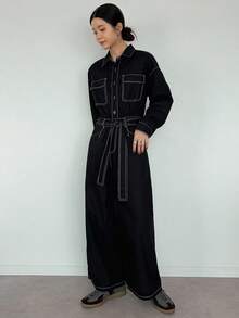 FRIFUL Women's Contrast Stitching Denim Bib Pants And Jumpsuit - Black - View 7