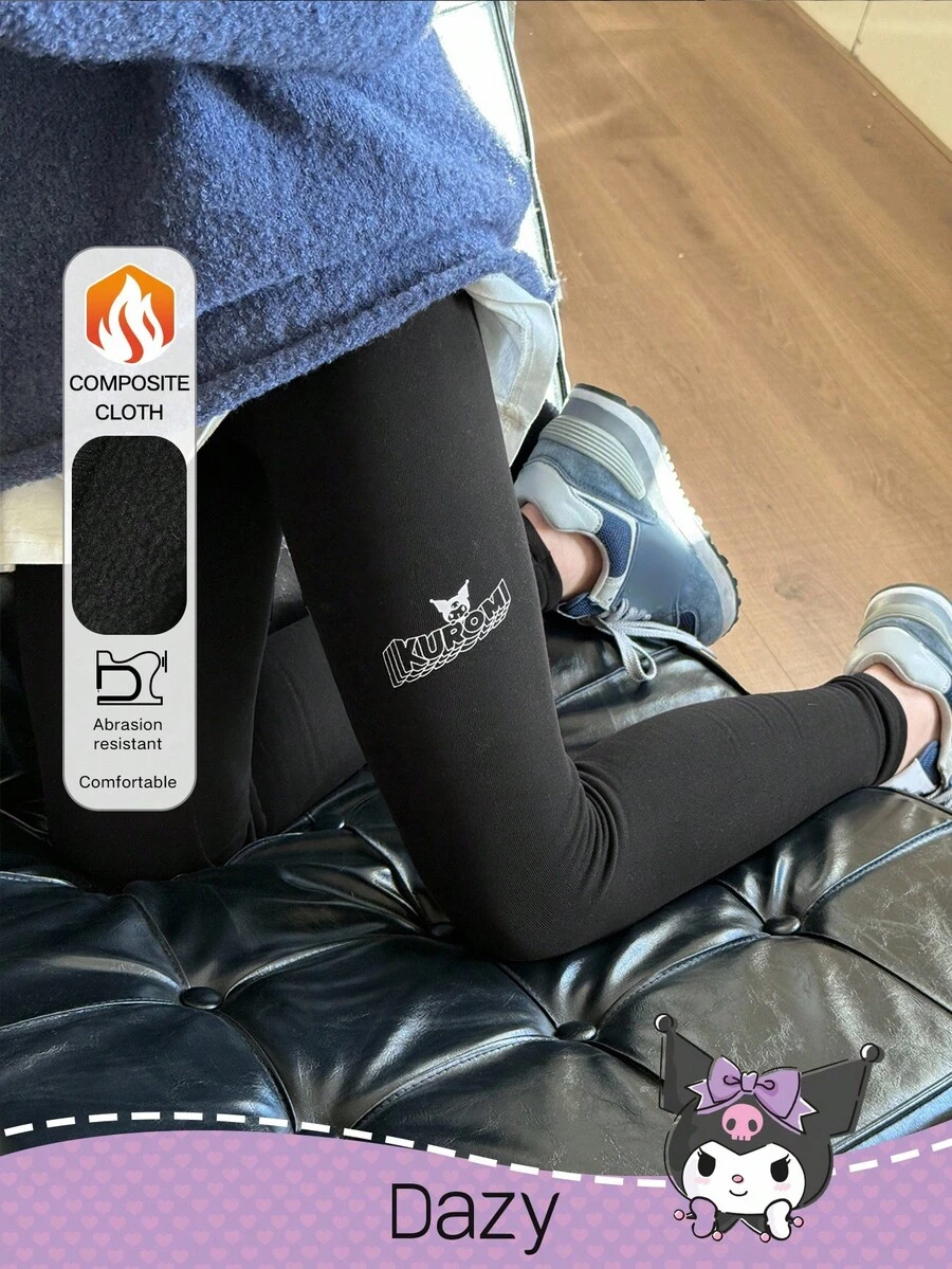 HELLO KITTY AND FRIENDS | SHEIN DAZY Tween Girl Letter Graphic Knitted Thermal Lined Leggings,Winter - Black - View 1