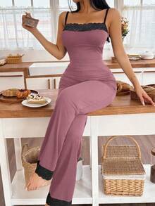 Lace Panel Cami Top And Pants Women Pajama Set - Purple - View 4