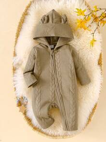 SHEIN Unisex Baby Hooded Jumpsuit, Soft & Comfortable, Long Sleeve, Zipper Closure, Adorable For Spring/Autumn Fall Winter