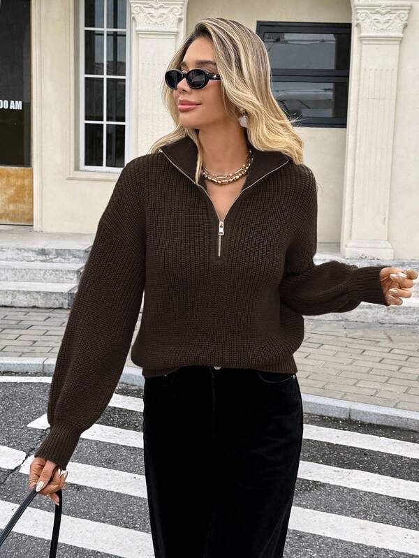 Serisse Half Zip Drop Shoulder Grain Sweater,Long Sleeve Tops,Knitted Sweater In Fall/Winter,Brown Top,Fall,Fall Clothes For Women