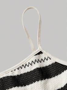 SHEIN MOD 女士杏色和黑色条纹优雅荷叶边吊带背心和长裙两件套，女士度假装，女士西部装，乡村装，度假两件套 - 黑與白 - 查看 8