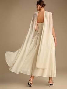 Enchnt 秋冬浪漫杏色抹胸连衣裙，搭配飘逸披肩，时尚优雅，适合派对、约会、假日、毕业典礼、婚礼宾客、办公室、外出、万圣节、圣诞节等场合。这款连衣裙是女士秋季连衣裙、秋季服装、秋季套装、狂欢节、新年等场合的理想之选。 - 杏色 - 查看 8