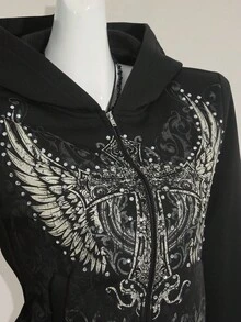 SHEIN ICON Y2K 女款万圣节哥特图案黑色秋冬翅膀印花长袖拉链前开休闲连帽衫 - 黑色 - 查看 9