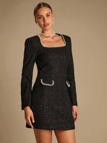 Enchnt Abito mini elegante e raffinato da donna, con scollo quadrato, maniche lunghe, in tweed di filato romantico nero, impreziosito da perle e strass luccicanti, adatto per feste, appuntamenti, vacanze, lauree, ufficio, uscite, Ognissanti e Natale. È una scelta ideale per abiti, completi e outfit autunnali, nonché per il carnevale e il Capodanno.