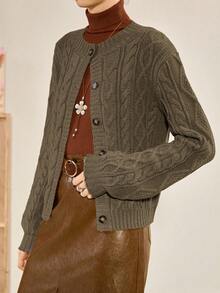 Florisole كارديجان نسائي كاجوال أحادي الصدر بتصميم حبل مجدول، طويل الأكمام، للخريف/الشتاء - أخضر عسكري - مشاهدة 1
