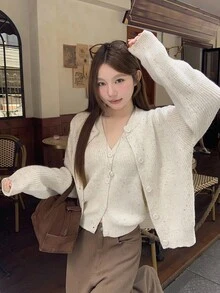 DAZY 2 件套女士休闲碎花雪纺背心开衫套装，秋季 - 米色 - 查看 5