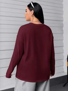 SHEIN EZwear 秋季大码休闲百搭酒红色长袖T恤 - 酒紅色 - 查看 2