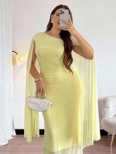 Firerie 女士纯色针织网眼褶皱斗篷袖紧身鸡尾酒会连衣裙