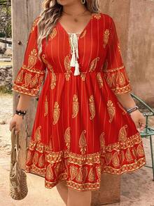EMERY ROSE Hera Paisley Cashew Flower V-Neck Tie Tassel Print Plus Size Mini Dress - Red - View 3