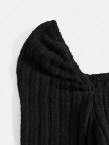 SHEIN 少女束腰褶皱方领长袖休闲连衣裙，适合派对和返校穿着 - 黑色 - 查看 4