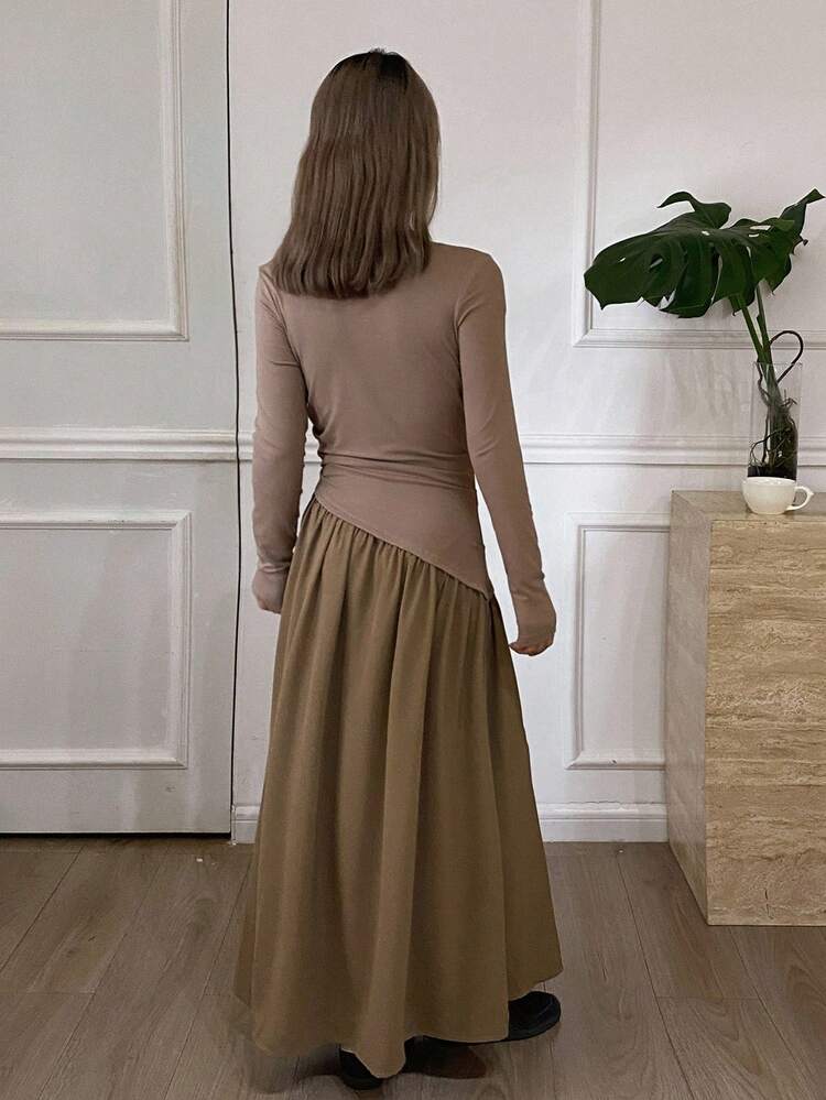 Patchwork Dress With Ruffle Collar, Long Sleeve, Cinched Waist, Pleated Flared Dress, Elegant For Formal Events, Autumn/Winter Maxi Dress