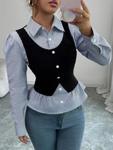 SHEIN Elenzya 女士蓝色罗纹拼接毛绒罗纹面料V领收腰设计优雅教师上衣，精致风格，适合独立日和秋季穿着 - 藍白色 - 查看 6