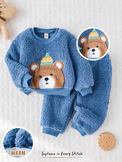 Cozy Pixies 2pcs Baby Boy Cartoon Bear Print Thermal Lined Crew Neck Long Sleeve Hoodie And Elastic Waist Ankle Cuff Pants Set Baby Teddy Bear Outfit Warm Baby Clothes Baby Boy Winter Sets Baby Winter Clothes