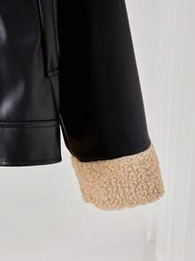 少女休闲百搭仿皮夹克，羊羔绒领口和袖口，下摆银色按扣，适合秋冬外出，可搭配长袖上衣、裤子、运动裤 - 黑色 - 查看 13