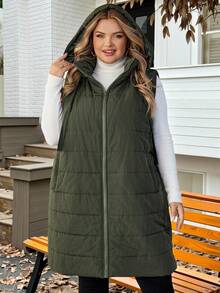 SHEIN CURVE+ Chaleco acolchado con capucha y bolsillos para mujer de talla grande, de otoño/invierno - Verde militar - Ver 6