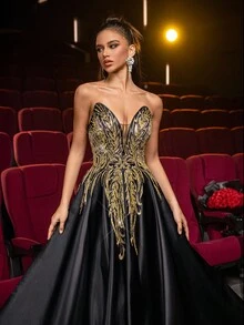 Glamrae Váy maxi satin đính cườm và sequin sang trọng, thanh lịch, họa tiết hoa chắp vá, gợi cảm với viền bèo nhún quá khổ, thích hợp cho đám cưới, tiệc tùng, kỳ nghỉ, dạ hội, váy dạ hội (đính cườm nhiều họa tiết) - màu đen - Xem 3
