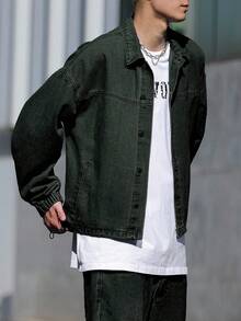 Claim Dot 男士休闲水洗通勤牛仔夹克，复古摇滚风，秋季款 - 墨綠色 - 查看 4