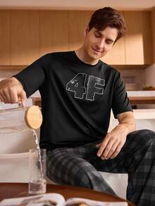 男士舒适休闲短袖睡衣上衣 - 黑色 - 查看 5