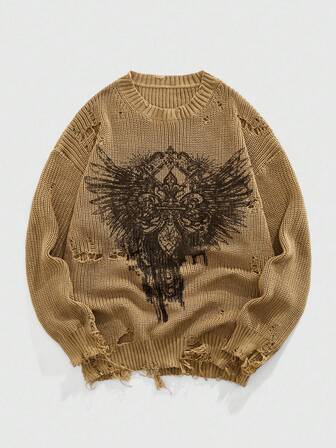 Grunge Punk Maglione lavorato a maglia con stampa punk apocalittica consumata, per autunno inverno, da uomo