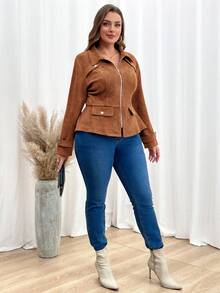 SHEIN Clasi Plus Size Casual Commuter Vintage Jacket, Autumn/Winter - Mocha Brown - View 4