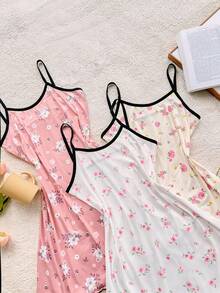 CottageSlumber 3 件套浪漫花卉印花吊带睡袍，适合女友/姐妹家居吊带裙 - 彩色 - 查看 3