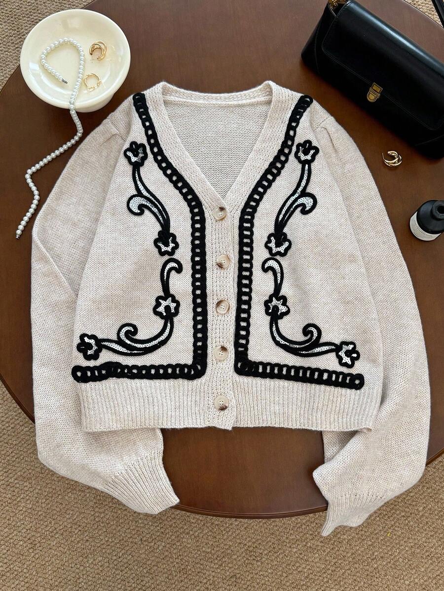 SHEIN Frenchy Women's Casual Colorblock Sequin Embellished Cardigan, Autumn/Winter - Apricot - View 1