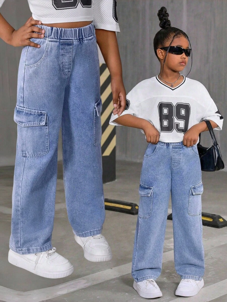 Sparklyn Girls' Casual Versatile All-Match Loose Fit Wide Leg Washed Cargo Denim Jeans - Light Wash - View 1