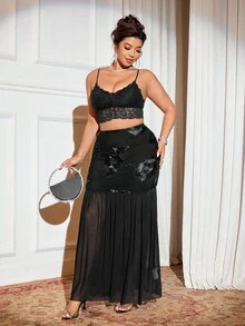 Cravure Váy ôm sát gợi cảm, xuyên thấu, thêu ren, phối lưới, dành cho nữ cỡ lớn, kiểu dáng thanh lịch, mới, thích hợp cho các bữa tiệc. - màu đen - Xem 6