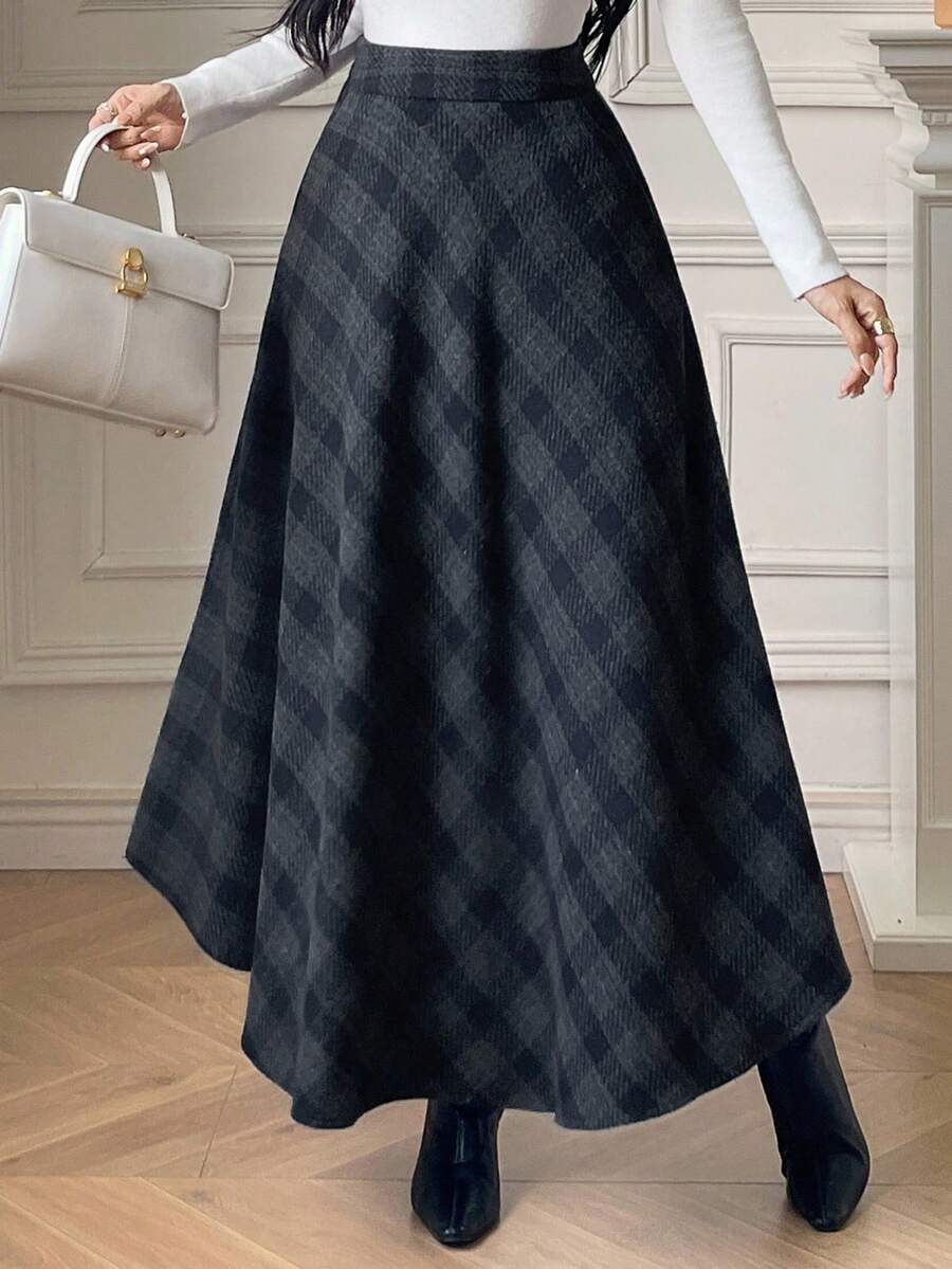 DAZY 女士优雅格子半身裙，适合通勤，秋冬季穿着 - 藏蓝色 - 查看 1