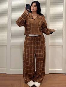 Dazy Plus 2pcs Plaid Loose Fit Casual Pajama Set, Suitable For Outdoor Wear, Plus Size Women, Spring/Autumn, Cozy Outfit, Fall Winter Clothes - Khaki - View 3