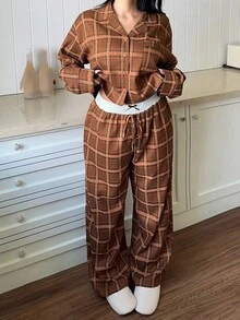 Dazy Plus 2pcs Plaid Loose Fit Casual Pajama Set, Suitable For Outdoor Wear, Plus Size Women, Spring/Autumn, Cozy Outfit, Fall Winter Clothes - Khaki - View 7