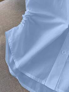 Airaco 大码女式夏季休闲通勤马刺绣蝙蝠袖袖口褶皱修身衬衫