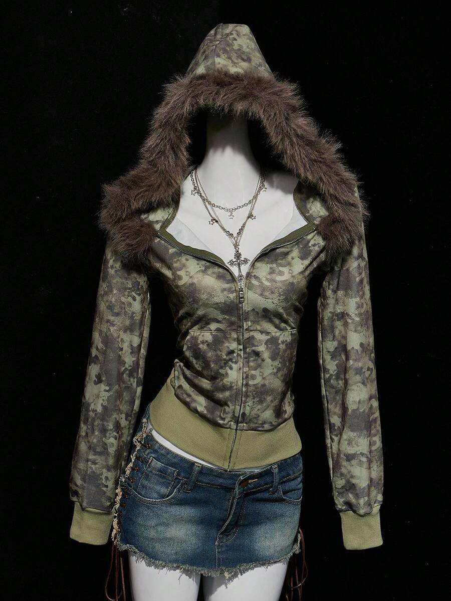 SHEIN ICON 女士复古迷彩毛绒常规夹克 - 軍綠色 - 查看 1