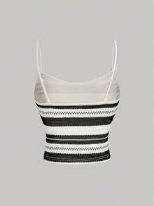 SHEIN MOD 女士杏色和黑色条纹优雅荷叶边吊带背心和长裙两件套，女士度假装，女士西部装，乡村装，度假两件套 - 黑與白 - 查看 5