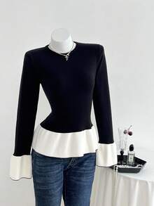 Flirla Women's Fashionable Color Block Tight Fit Sexy Sweater - Black and White - View 3
