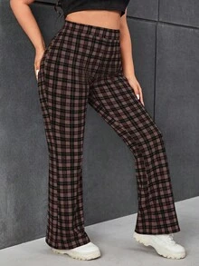 SHEIN EZwear Plus Size Plaid Print Elastic Waist Flare Pants/Winter - Brown - View 9