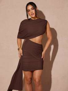 Silquee Váy ngắn xếp ly hở eo tay lệch màu gợi cảm cho nữ, mùa hè - Cà phê nâu - Xem 3