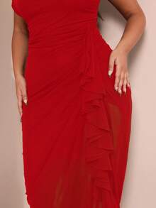 SHEIN BAE Vestidos de talla grande, verano, cumpleaños, Día de San Valentín de talla grande, vestido sexy de talla grande, vestidos curvilíneos, formal, curvilíneo, fiesta, cuello asimétrico, vestido con hombros descubiertos, abertura, fruncido, vestido elegante con volantes, ajustado, vestido liso, vestido básico para mujer, vestidos de mujer occidentales, vestido de verano, vestido de verano, vestido ajustado, Pascua, ropa de primavera - Rojo - Ver 3