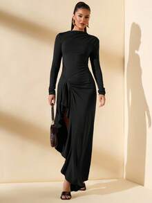 SHEIN BAE 厚珍珠天鹅绒纯棕色/咖啡色紧身褶饰长袖性感优雅连衣裙，适合鸡尾酒会、浪漫约会、秋冬汗衫裙、派对、正式聚会、夜间外出连衣裙、婚礼宾客连衣裙、万圣节连衣裙、圣诞节连衣裙 - 黑色 - 查看 6